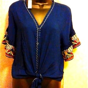Max Studio Top with Ruffled Embroidered Sleeves Size XS